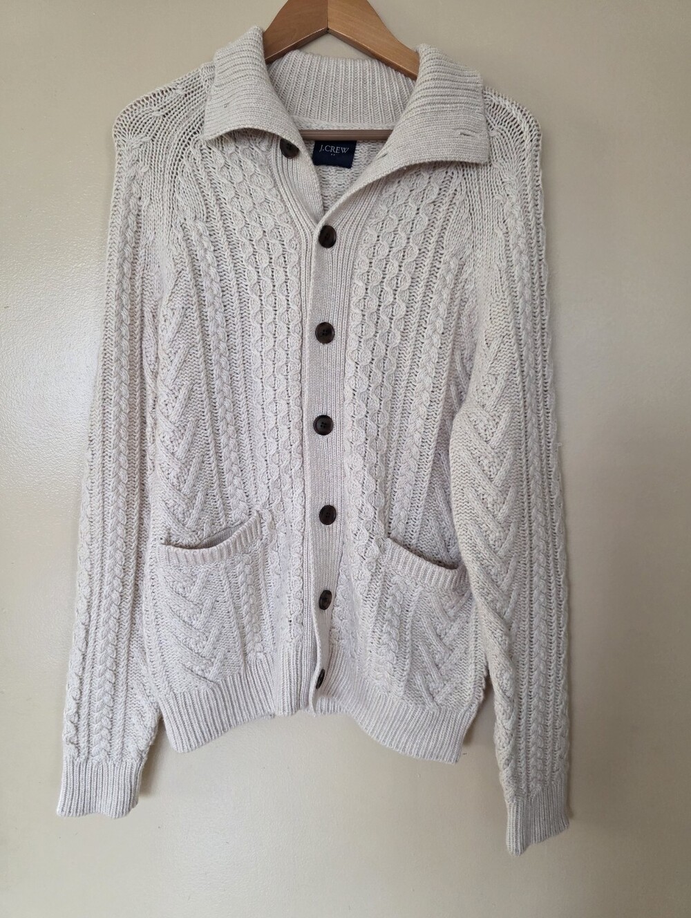 J Crew Cream Cable Knit Cardigan Sweater XL Lambswool Blend Cozy Preppy Heritage